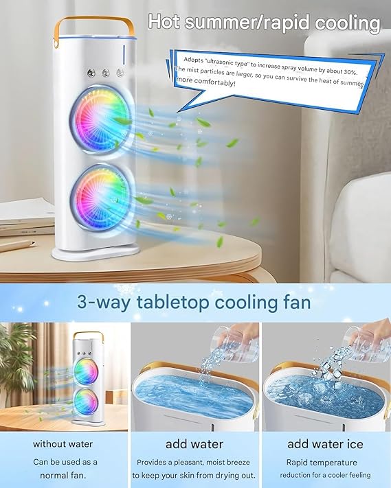 Oumffy 4000mAh Double Ended Spray Fan, Cold Air Fan, 2025 New 3 Gears USB Rechargeable Oscillating fan with LED Light Cooler Fan, Touch & Remote Control, 280ml Water Tank, Ice Filling Fan