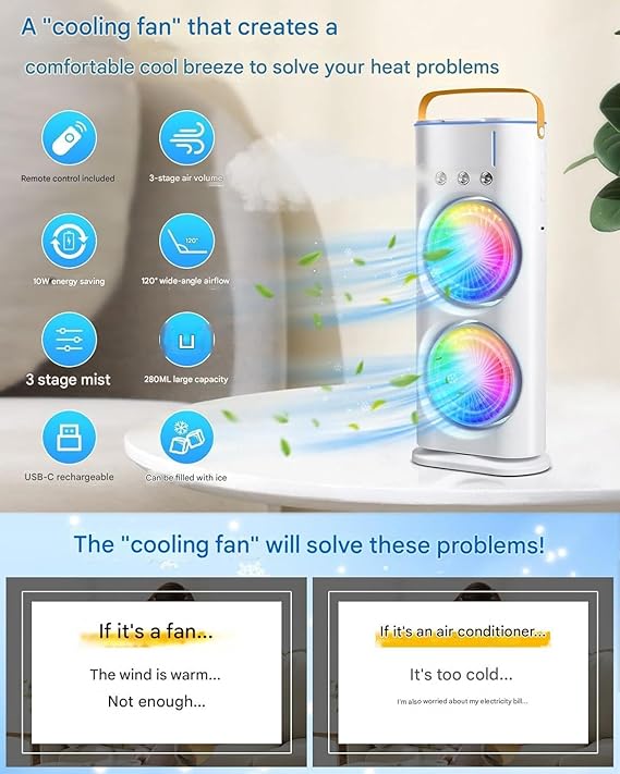 Oumffy 4000mAh Double Ended Spray Fan, Cold Air Fan, 2025 New 3 Gears USB Rechargeable Oscillating fan with LED Light Cooler Fan, Touch & Remote Control, 280ml Water Tank, Ice Filling Fan