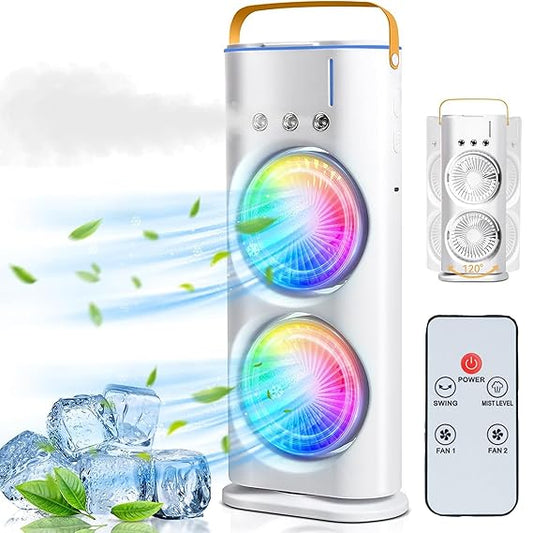 Oumffy 4000mAh Double Ended Spray Fan, Cold Air Fan, 2025 New 3 Gears USB Rechargeable Oscillating fan with LED Light Cooler Fan, Touch & Remote Control, 280ml Water Tank, Ice Filling Fan